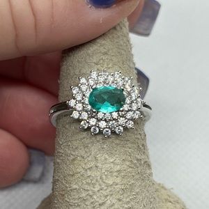 925 silver CZ and turquoise colored stone cluster ring size 7